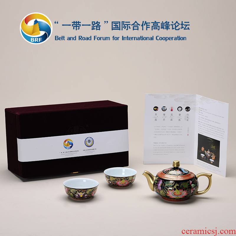 This colored enamel porcelain Lin and a pot of two cups of jingdezhen Chinese key-2 luxury high - grade tea suit household restoring ancient ways