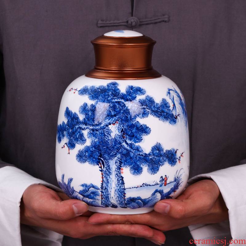 Jingdezhen blue and white caddy fixings household seal pot porcelain ceramic hand - made trumpet puer tea pot