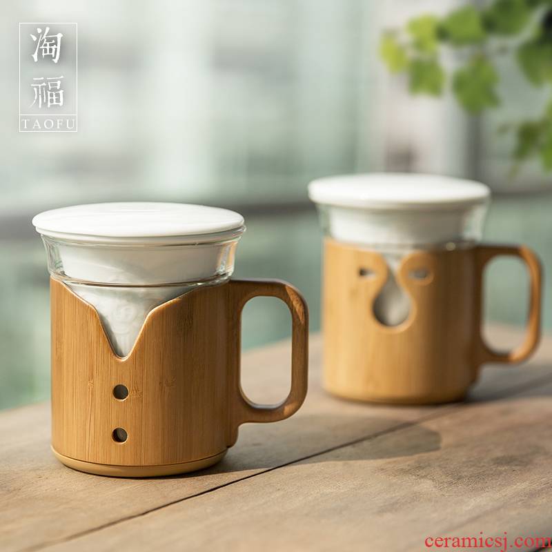 Auspicious blessing bamboo take a cup of glass filter with cover office personal ceramic cups bladder glass art works