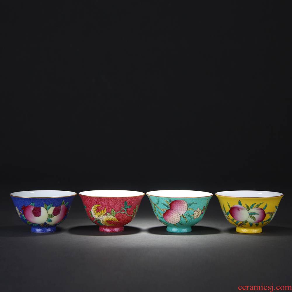 Treasure porcelain Lin pick flowers set of four fruit lucky cup set of four cups of jingdezhen steak hand - made the add crafts
