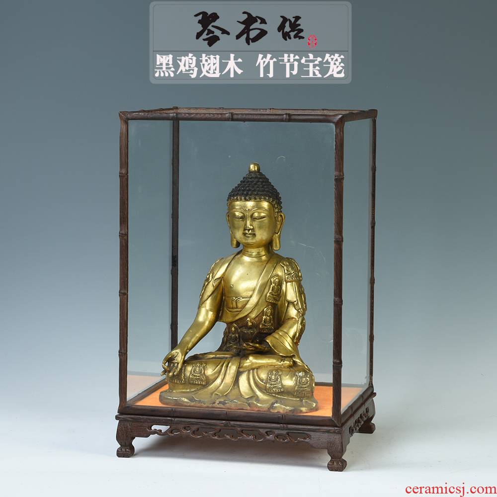 Chicken wings wood tiger foot bamboo cage treasure the glass display box woodcarving figure of Buddha base order the dust cover can be made to order