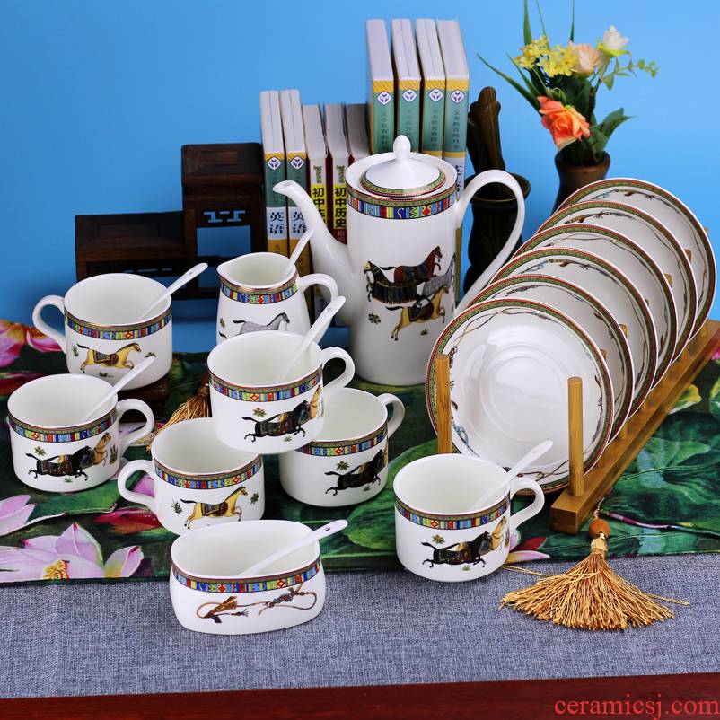 Jingdezhen ceramic coffee cups and saucers suit 15 head coffee equipment suit the British coffee cups and saucers pot of roll cylinder