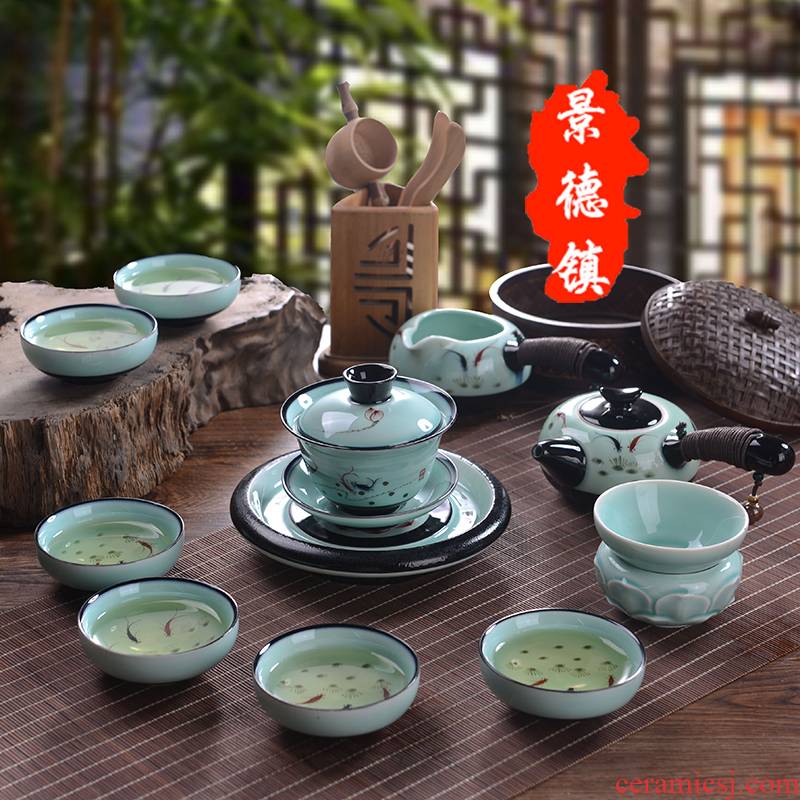 Jingdezhen celadon tea set hand - made ceramic side put the pot of a complete set of kung fu tea tureen tea pot office
