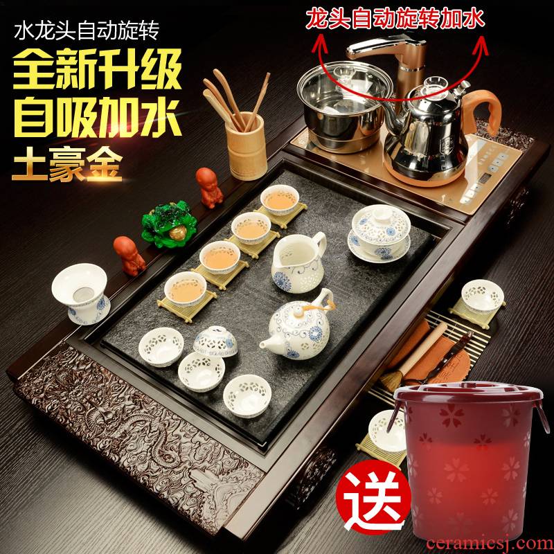 ZongTang violet arenaceous kung fu tea set a complete set of domestic ceramic solid wood tea sets tea tea tray electromagnetism automatic
