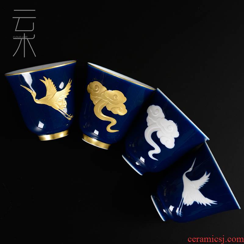 Cloud art of jingdezhen ceramic cups carving xiangyun crane manual its master sample tea cup cup of pure gold