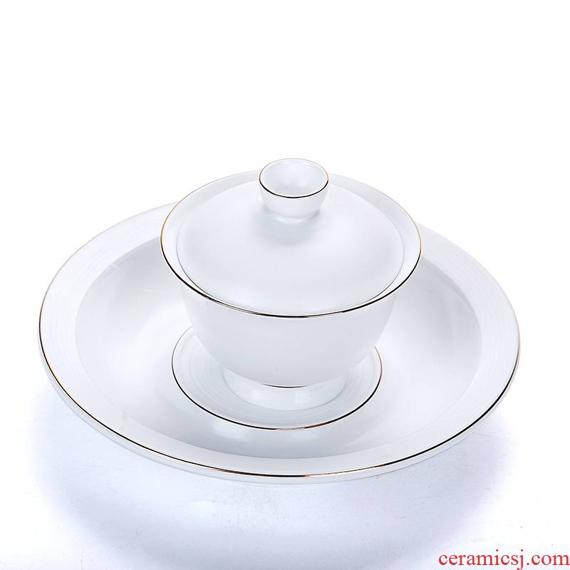 Old & hand - made gold celadon tureen white porcelain three just tureen kung fu tea set manually to make tea bowl