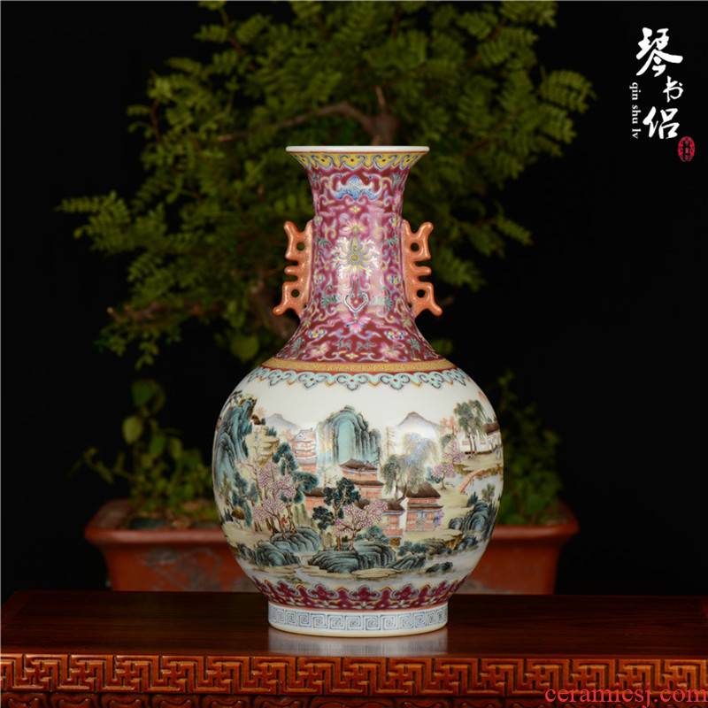 Pianology picking hand antique art of jingdezhen porcelain decorative vase qianlong pastel landscape character double ears