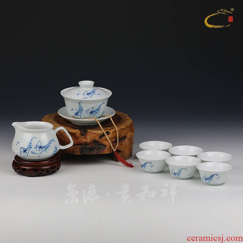Guests cheung kung fu tea set a complete set of blue and white porcelain of jingdezhen ceramics teacups hand - made three tureen tea set gift boxes