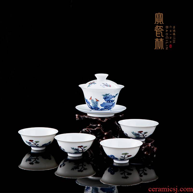 Treasure forest of porcelain jingdezhen blue and white color bucket under one of the four big coating glaze flower rock 5 head suit high - end tea sets