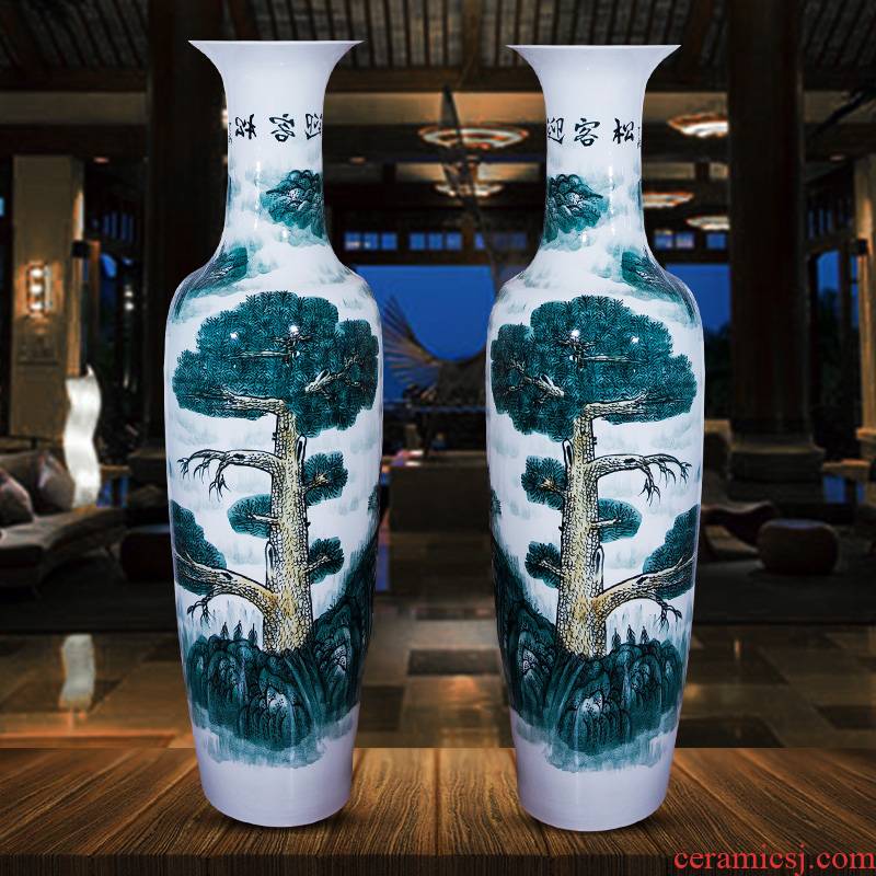 Jingdezhen ceramic manual hand - made guest - the greeting pine of large blue and white porcelain vase archaize sitting room hotel decoration furnishing articles