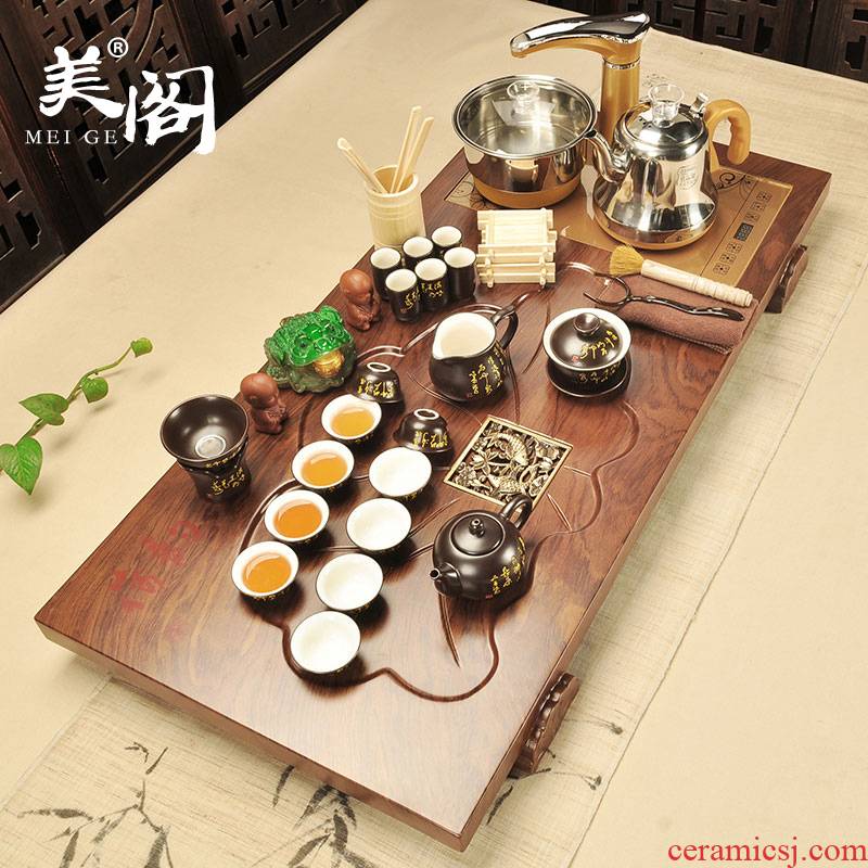Beautiful pavilion tea tray tea suit household purple ceramic cup teapot tea automatic solid wood tea table four unity