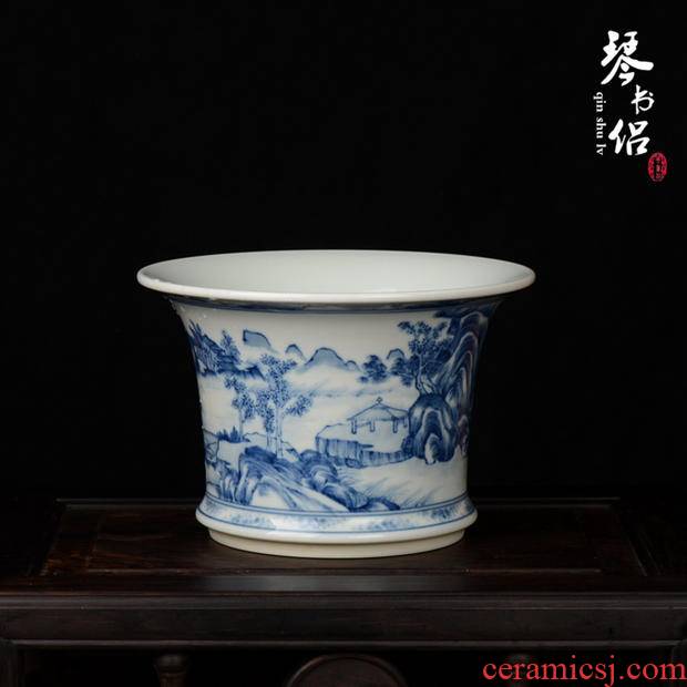 Pianology picking jingdezhen manual hand - made antique pottery and porcelain vases, home furnishing articles up with blue and white landscape flower pot