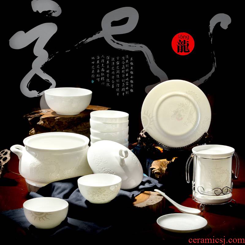 Jingdezhen porcelain bowl plates home 60 head microwave anaglyph keel pure white porcelain tableware suite hotel