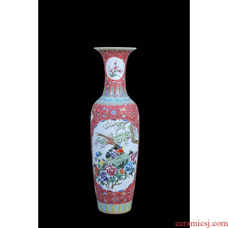 Jingdezhen ceramic vases, antique hand - made famille rose red to open the window charactizing a landing of large vase