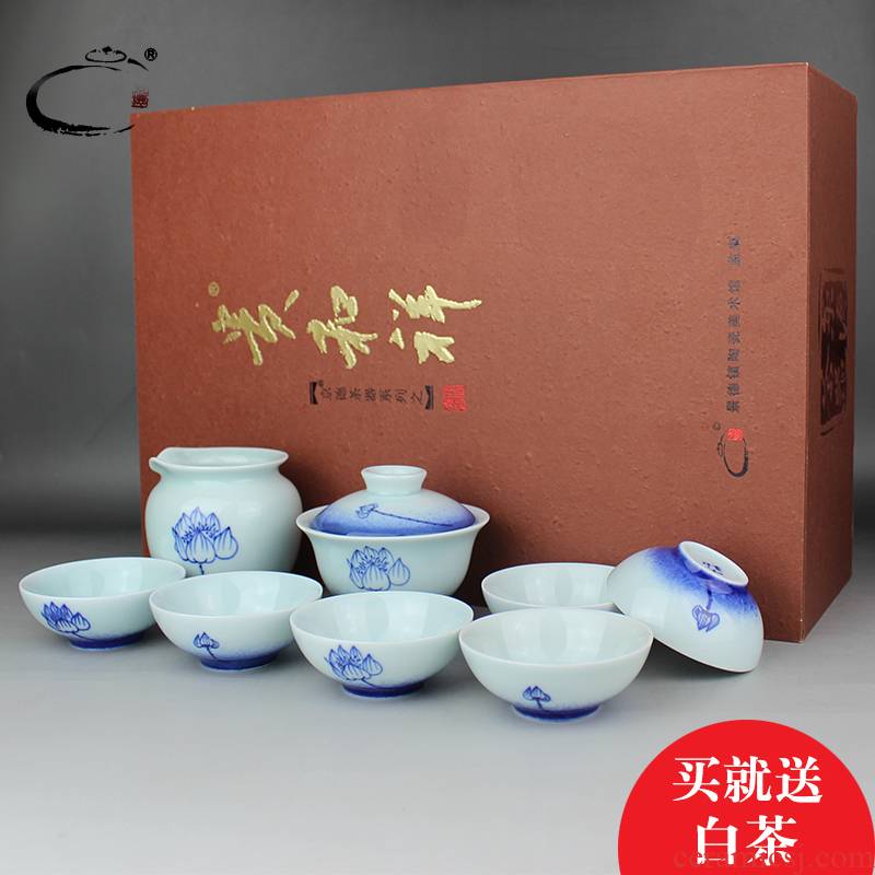 And auspicious jingdezhen hand - made tureen kung fu tea set of blue And white porcelain ceramic household white porcelain of a complete set of gift set