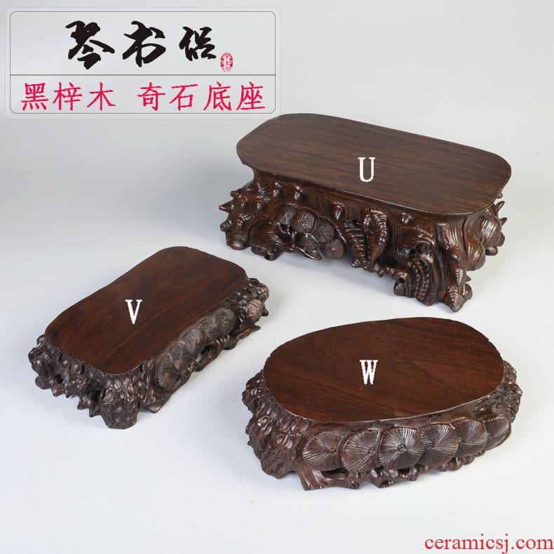 Ebony woodcarvings base stone base solid wood excavated rectangular oval jade stone base of Buddha furnishing articles base