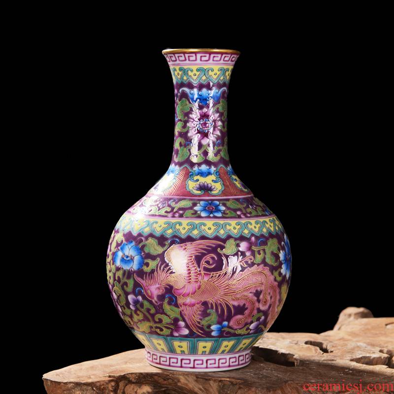 Jingdezhen ceramic high - end antique qianlong double phoenix design sitting room place colored enamel vase home decoration process