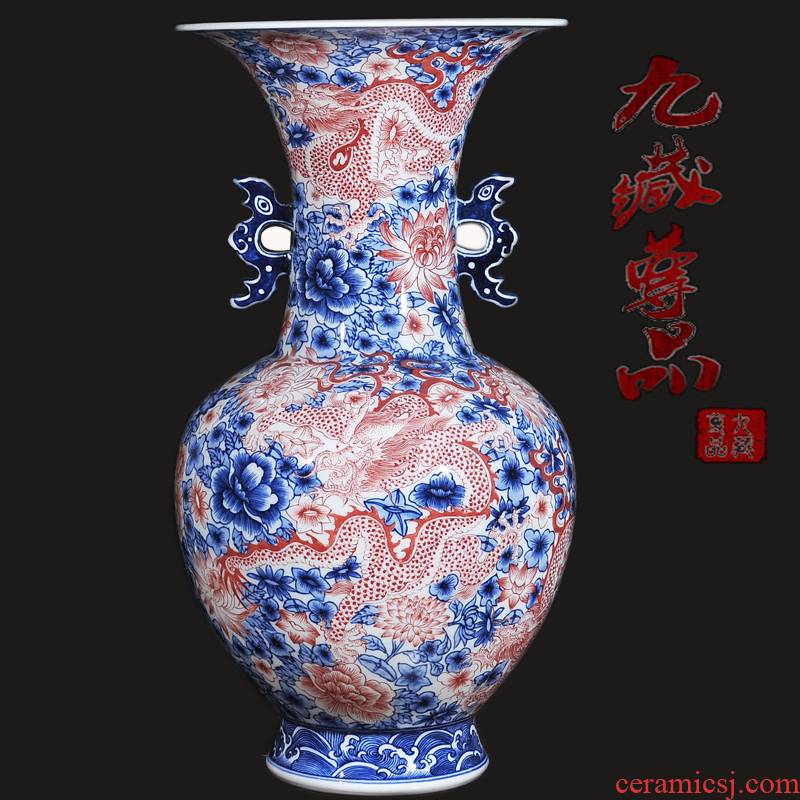 Antique hand - made porcelain of jingdezhen ceramics youligong red dragon wear purple flower ears tall bottle it is worth collecting