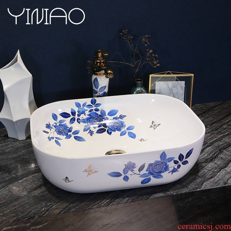 Simple fashion stage basin ceramic lavabo blue roses lavatory oval face basin bathroom art basin