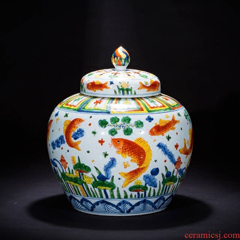 Jingdezhen ceramics imitation Ming vase sitting room home decoration furnishing articles hand - made pastel archaize fish algae general grain tank