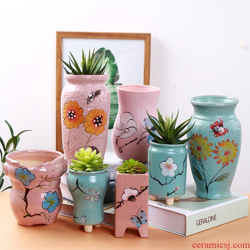 Paragraphs high fleshy old running the mage, plant high ceramic flower POTS and colorful biscuit firing coarse pottery hand - made ceramic green plant POTS