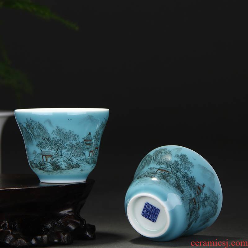 Treasure porcelain azure color ink landscape Lin waist cup of jingdezhen ceramic hand - made teacup color glaze kung fu sample tea cup