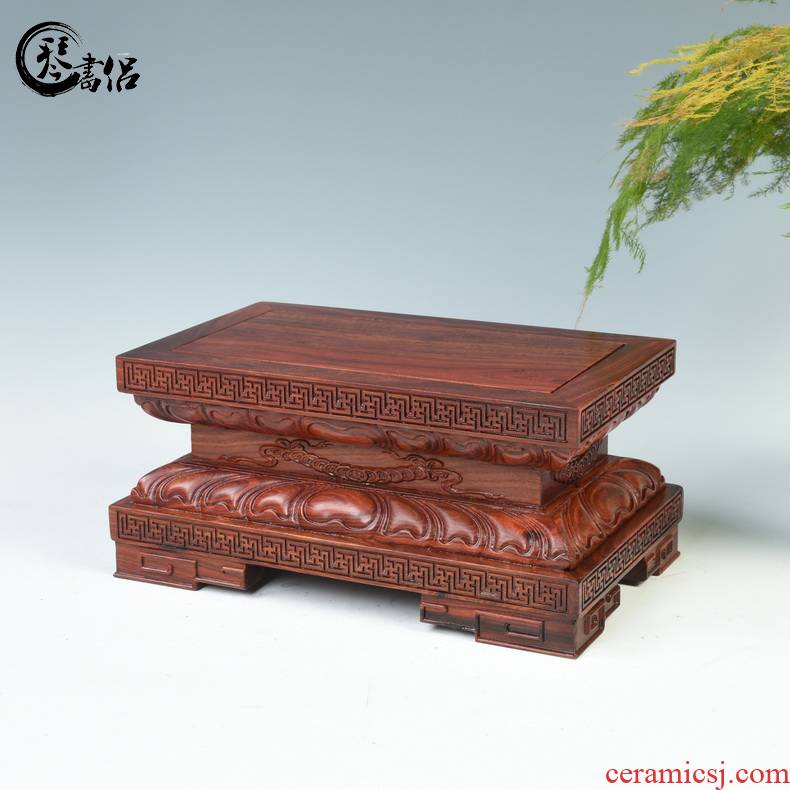 Lotus red wingceltis woodcarving guanyin Buddha base solid jade stone furnishing articles base with rectangular wooden Buddha