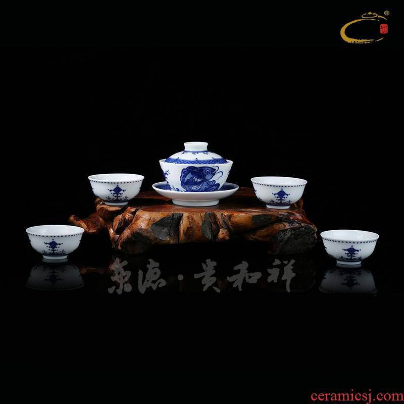 Beijing DE jingdezhen up and auspicious hand - made ceramic figure tureen group, a complete set of blue and white carp kung fu tea set