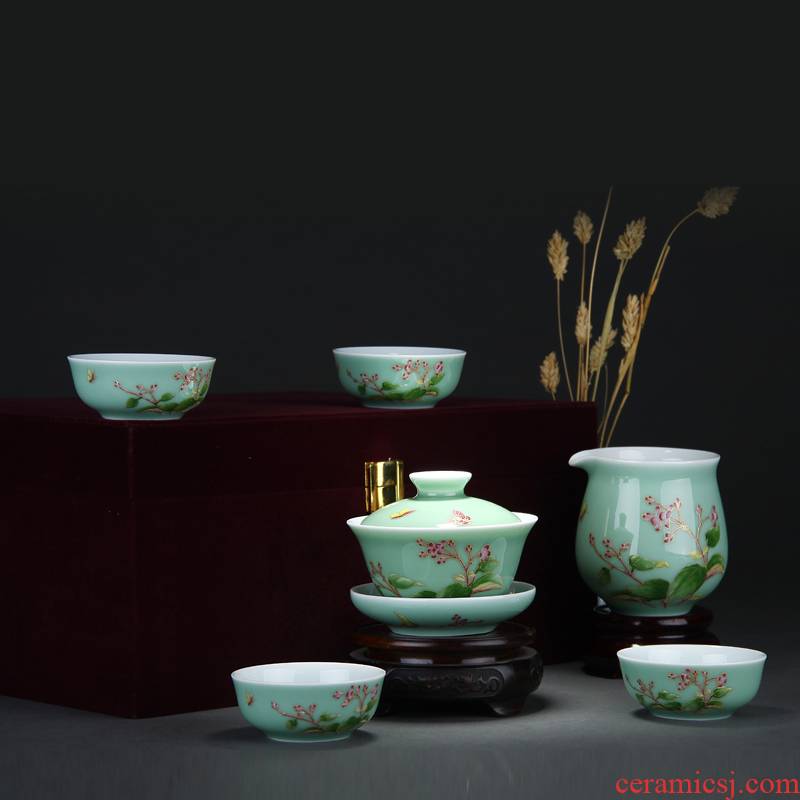 Treasure porcelain of jingdezhen ceramic famille rose Lin kung fu tea set recent sample tea cup three set of tureen single CPU