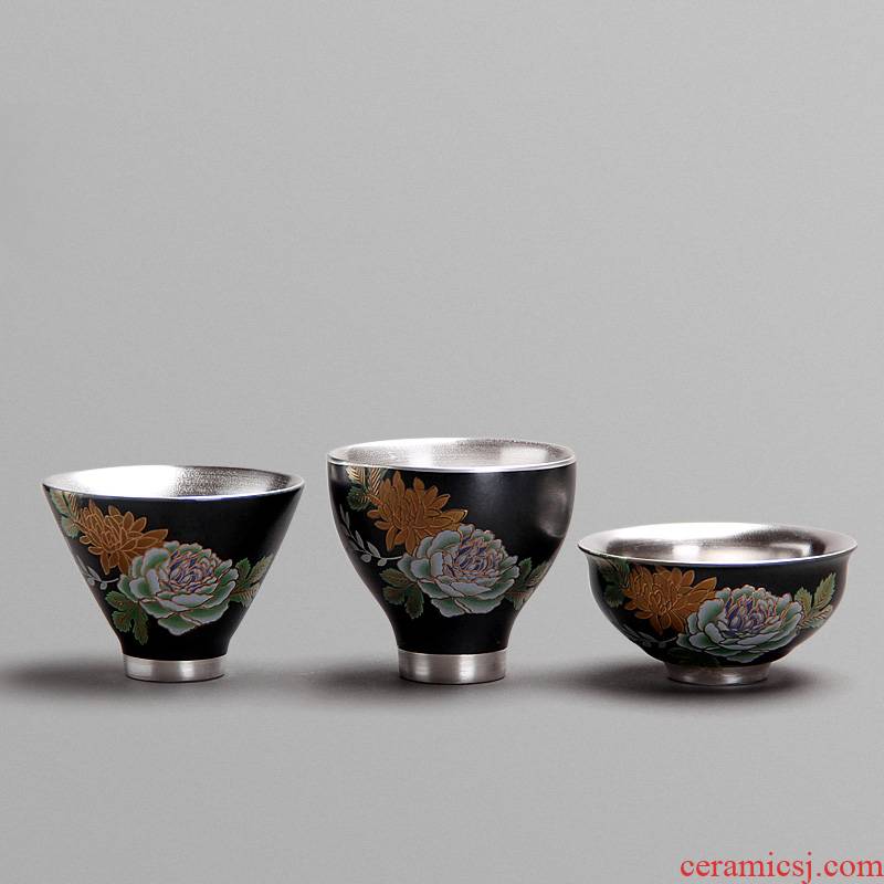 Mingyuan FengTang trace silver ceramic cup national color paint peony tea sample tea cup, master cup bowl kung fu tea set