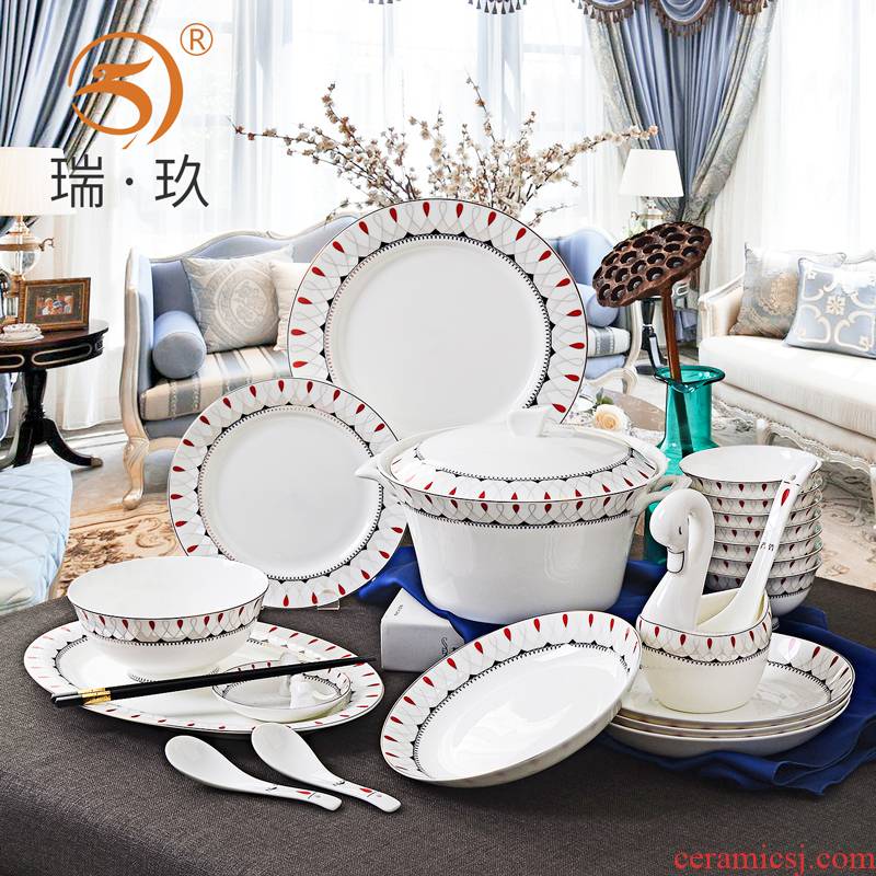 Tangshan 60 head ipads porcelain tableware kit ipads China household ceramic bowl dish dish set combination housewarming gift box