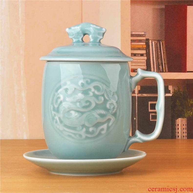 Mud of jingdezhen ceramic three - piece cup thou dragon carving glass office cup tea cup dish