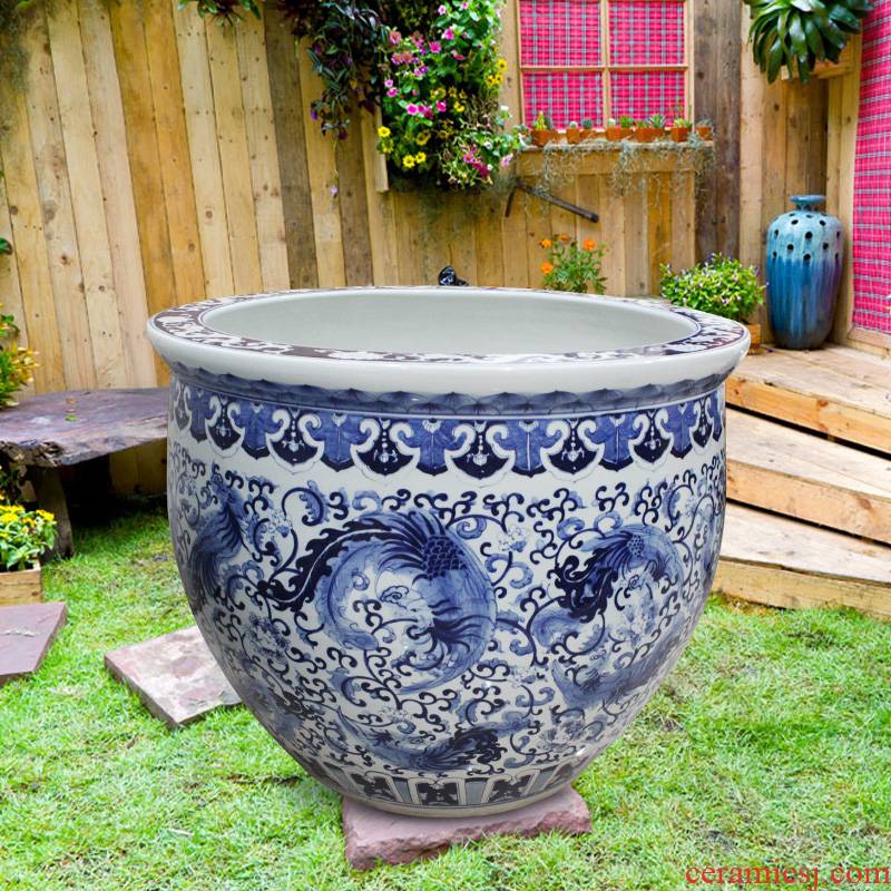 Blue and white porcelain tank 1 meter big basin of water tanks porcelain jar water lily lotus bowl lotus cylinder cylinder tortoise courtyard