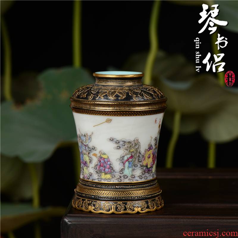 Pianology picking jingdezhen porcelain vases, antique art furnishing articles imitation qianlong pastel 18 arhats bottle of carve patterns or designs on woodwork