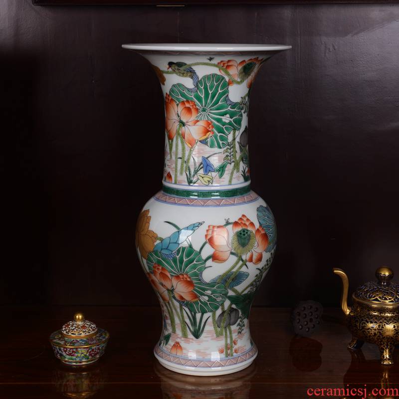 Jingdezhen ceramics imitation the qing emperor kangxi colorful lotus heron grain PND unit tail - on vase household adornment handicraft furnishing articles
