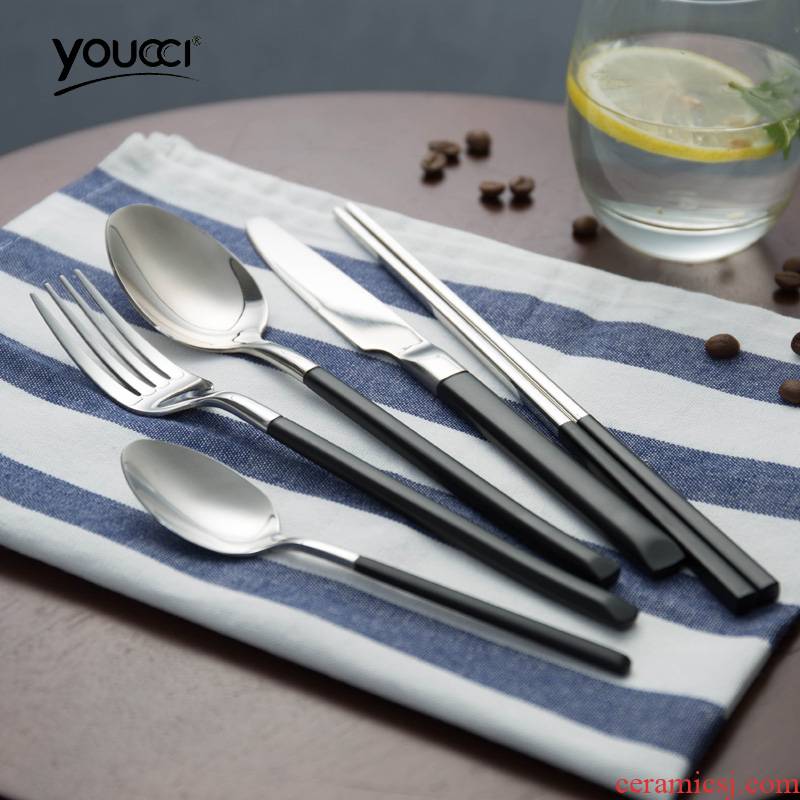 Youcci porcelain leisurely vintage black handle stainless steel knife and fork spoon suit mixing spoon, western food steak knife and fork