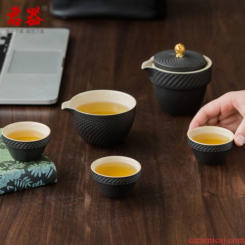 Jun ware zen travel tea set of black suit portable package to crack a pot of three kung fu car making tea