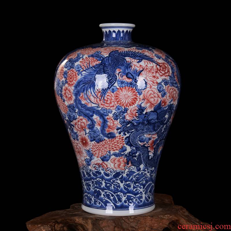 Jingdezhen high - end antique hand - made blue - and - white ceramics longfeng vase sitting room home decoration craft mei bottles of furnishing articles