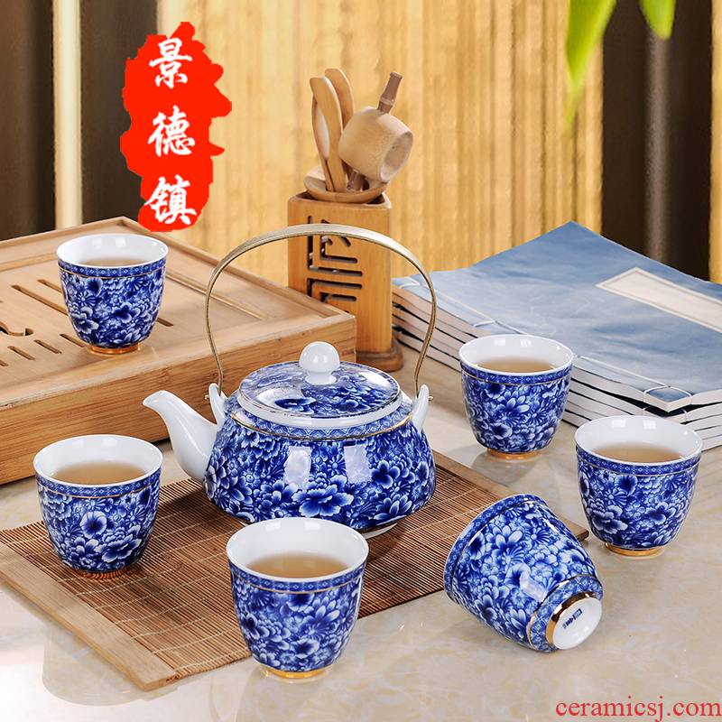 Large ceramic teapot teacup set of jingdezhen blue and white porcelain girder pot a pot of six cups of a complete set of kung fu tea set