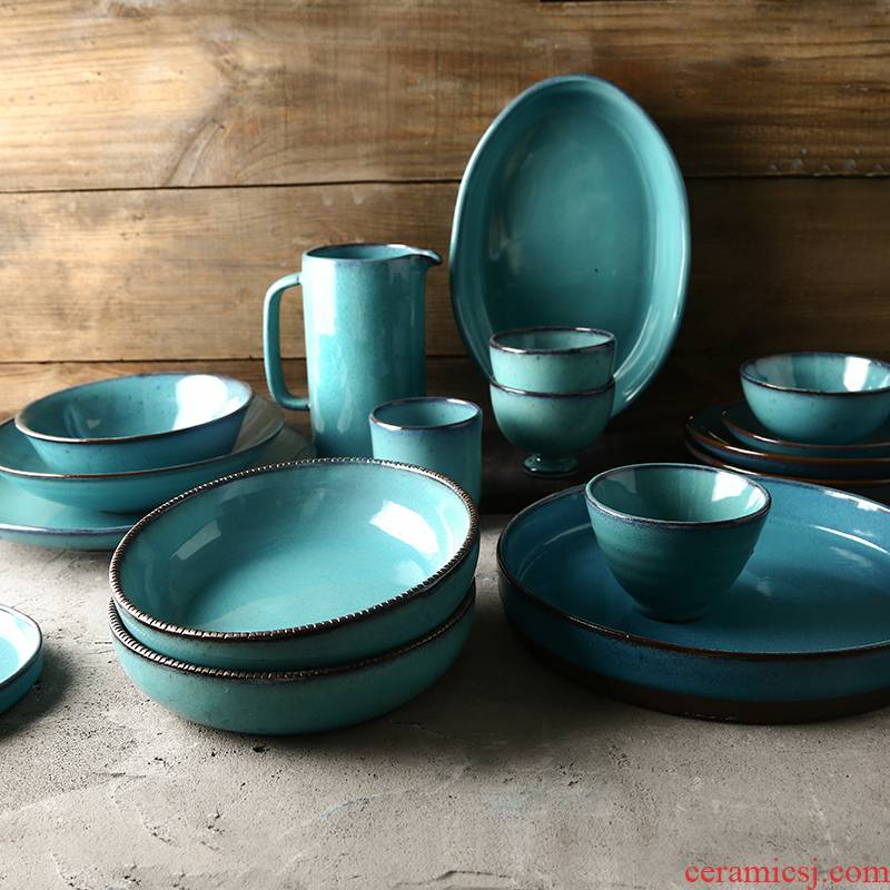 Creative American ceramic bowl dish suits for antalya blue green home dish soup bowl of salad bowl of dinner plate