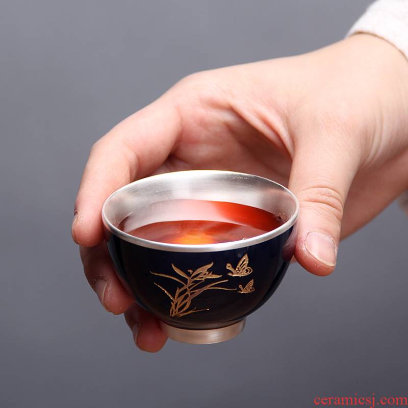 Ling Ming ji blue glaze see colour coppering. As FengTang ceramic tea cup silver tea cup kung fu tea set tea bowl, master list