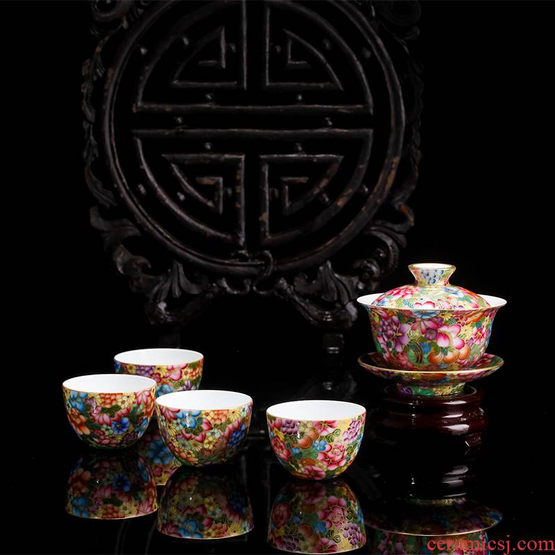 Ocean 's treasure porcelain enamel Mosaic gold to wan Lin, flower small cup five head tea sets high temperature color tea gift box