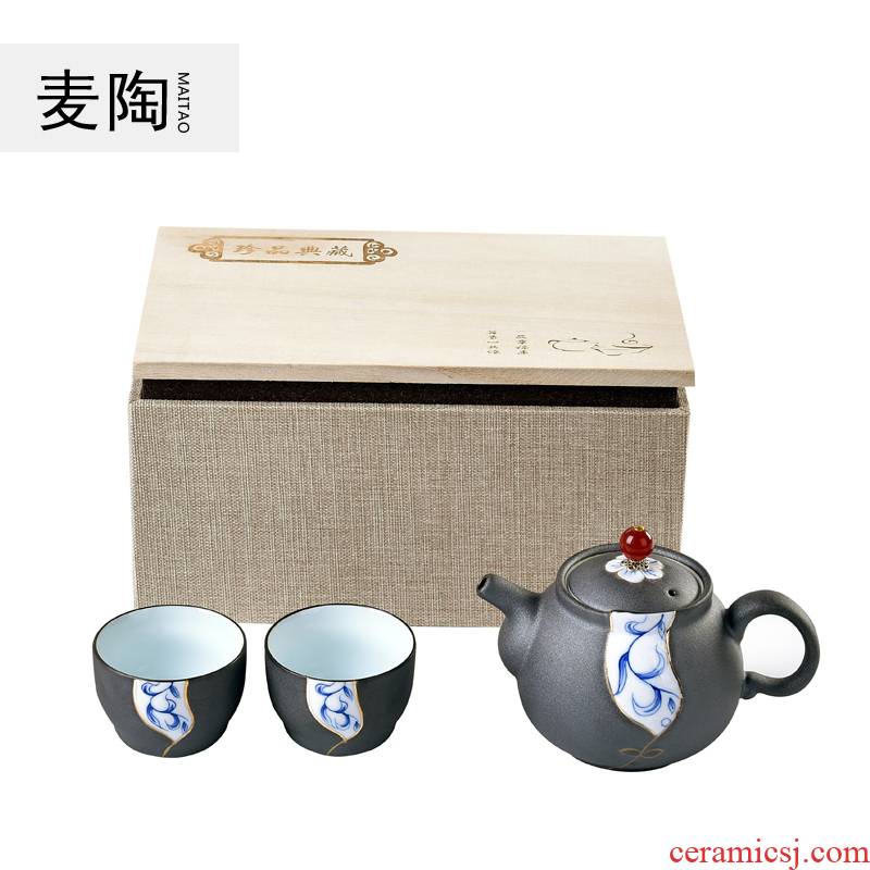 MaiTao hand - made tea set a pot of two cups of kung fu tea set, black sand ceramics easily mercifully pot of portable travel tea set two pedestrian