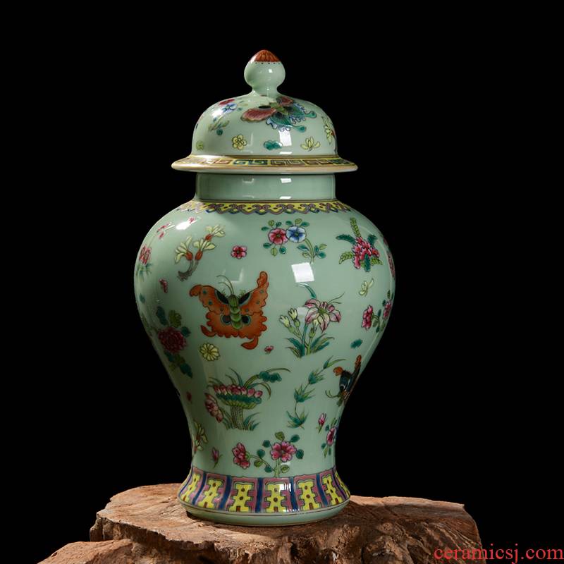 Jingdezhen ceramics pea green, antique hand - made butterfly general pot vase decoration home decoration handicraft furnishing articles