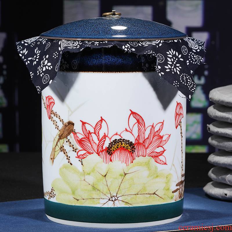 Jingdezhen ceramic hand - made caddy fixings receives puer tea cake tin POTS with big detong seal tea cake