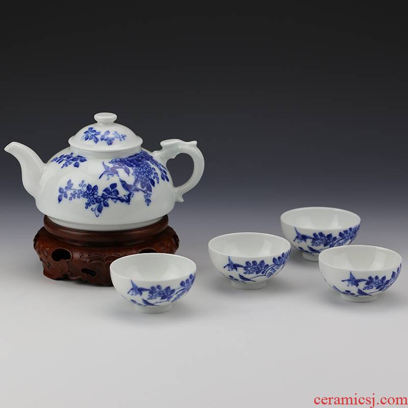 Jingdezhen blue and white flower pot and auspicious group hand - made ceramic kung fu tea sets the teapot teacup of a complete set of combination