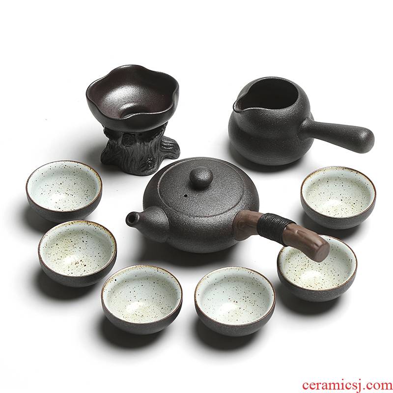 Really sheng black pottery tea set the whole household Japanese vintage kung fu tea set and old rock mud gift teapot tea cup