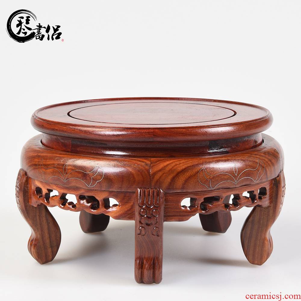 Red sandalwood round vase base miniascape of tank base base base woodcarving figure of Buddha base solid wooden frame