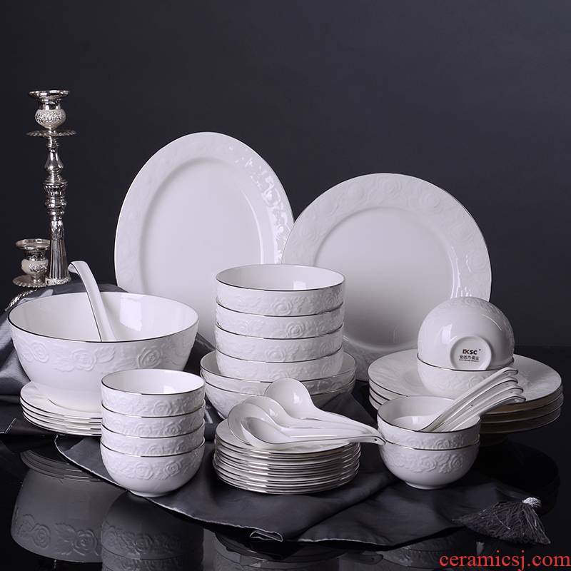 Tangshan ipads bowls embossed roses Chinese style household chopsticks tableware portfolio continental plate ceramic dishes dishes suit