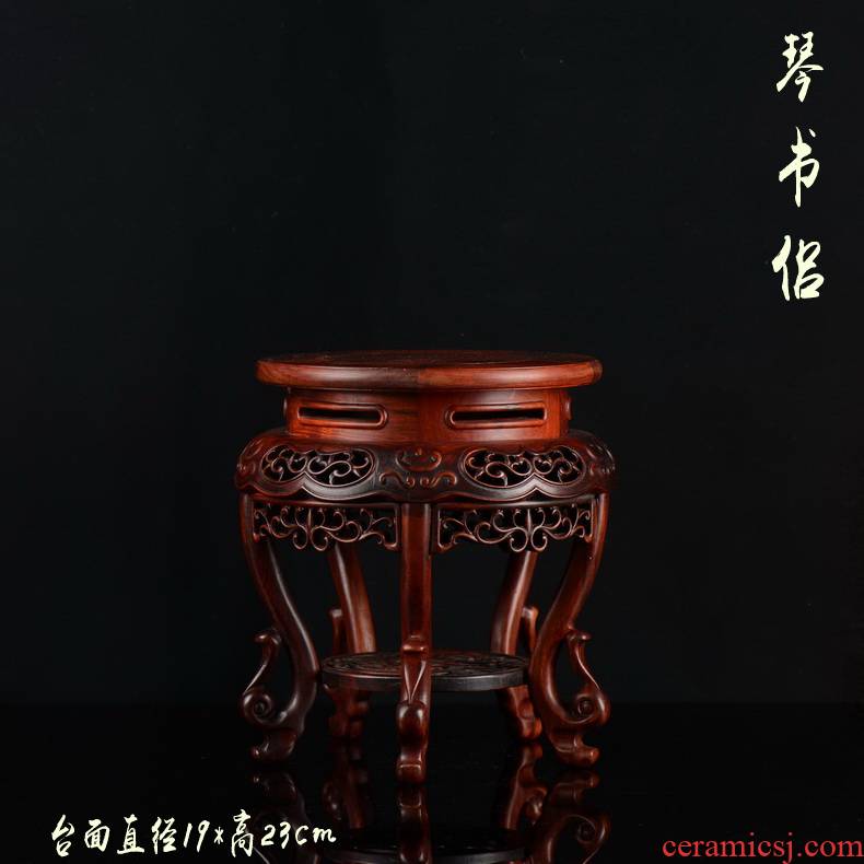 Pianology picking red rosewood carving hippocampal several flower wearing antique solid wood Buddha vase flowerpot jade round base